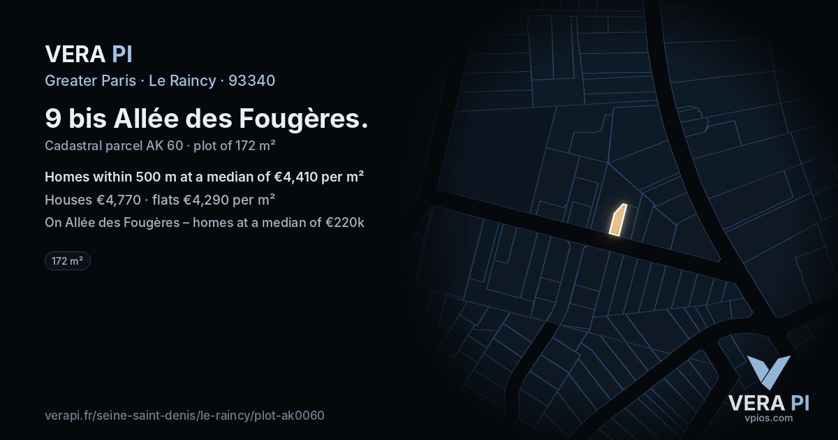 9 bis Allée des Fougères, Le Raincy at night – the plot lit, the parcels around coloured by the prices near them