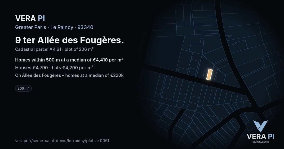9 ter Allée des Fougères, Le Raincy at night – the plot lit, the parcels around coloured by the prices near them