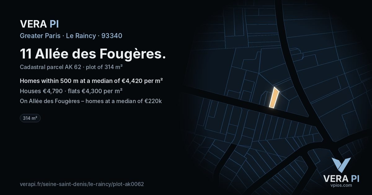 11 Allée des Fougères, Le Raincy at night – the plot lit, the parcels around coloured by the prices near them