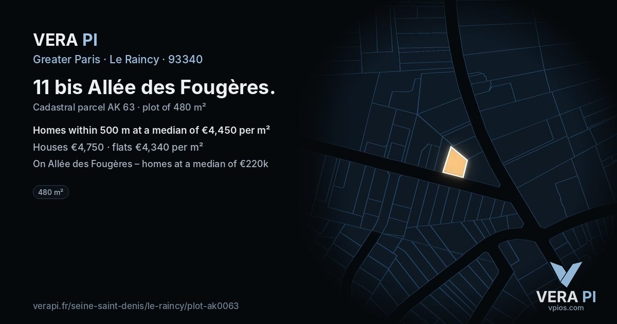 11 bis Allée des Fougères, Le Raincy at night – the plot lit, the parcels around coloured by the prices near them