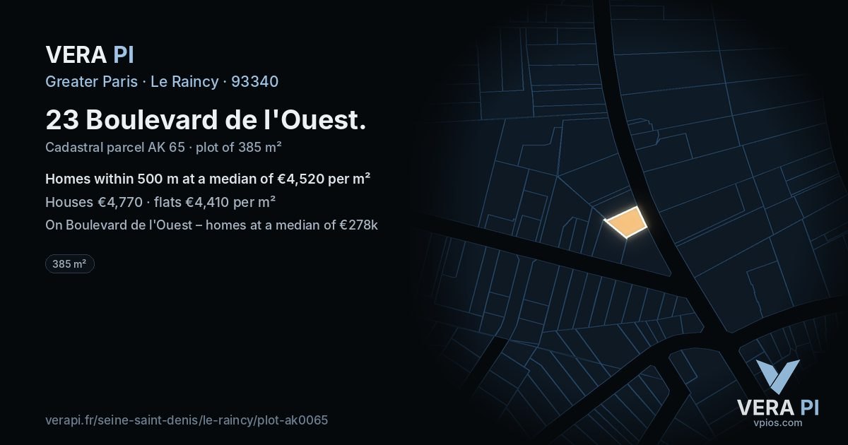 23 Boulevard de l'Ouest, Le Raincy at night – the plot lit, the parcels around coloured by the prices near them