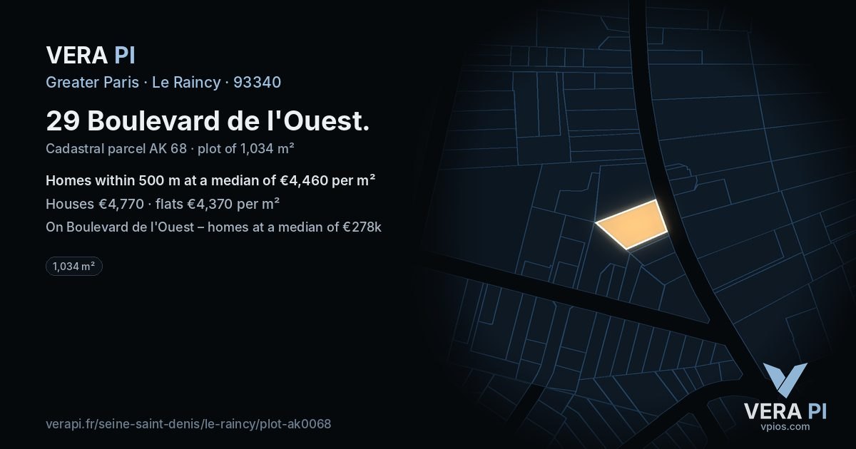 29 Boulevard de l'Ouest, Le Raincy at night – the plot lit, the parcels around coloured by the prices near them