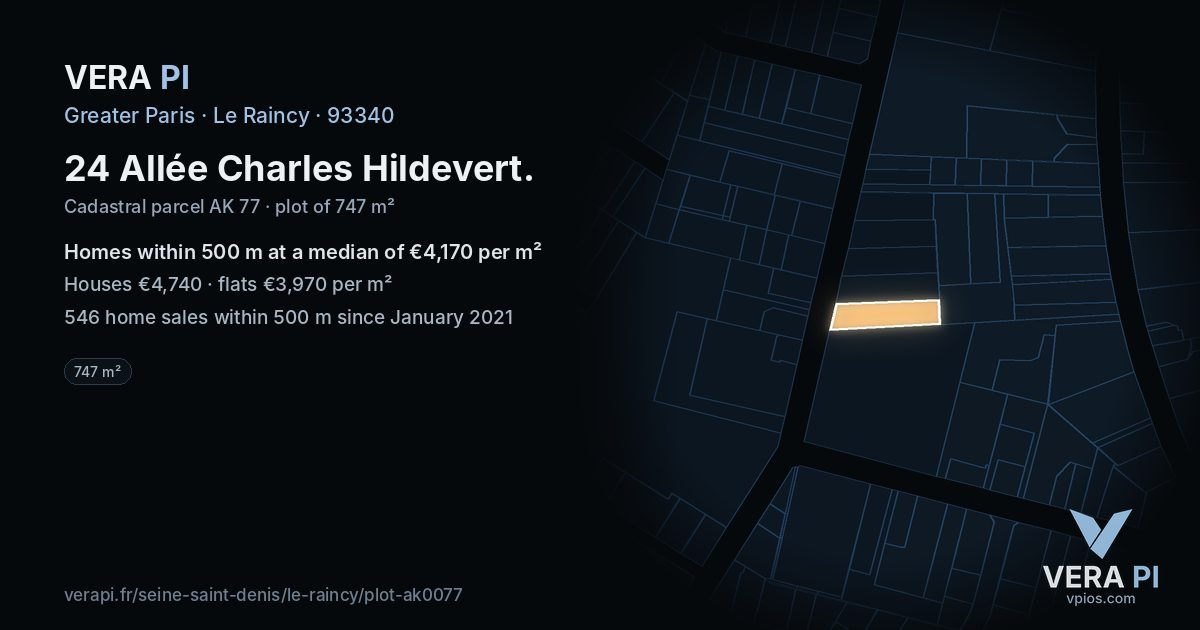 24 Allée Charles Hildevert, Le Raincy at night – the plot lit, the parcels around coloured by the prices near them