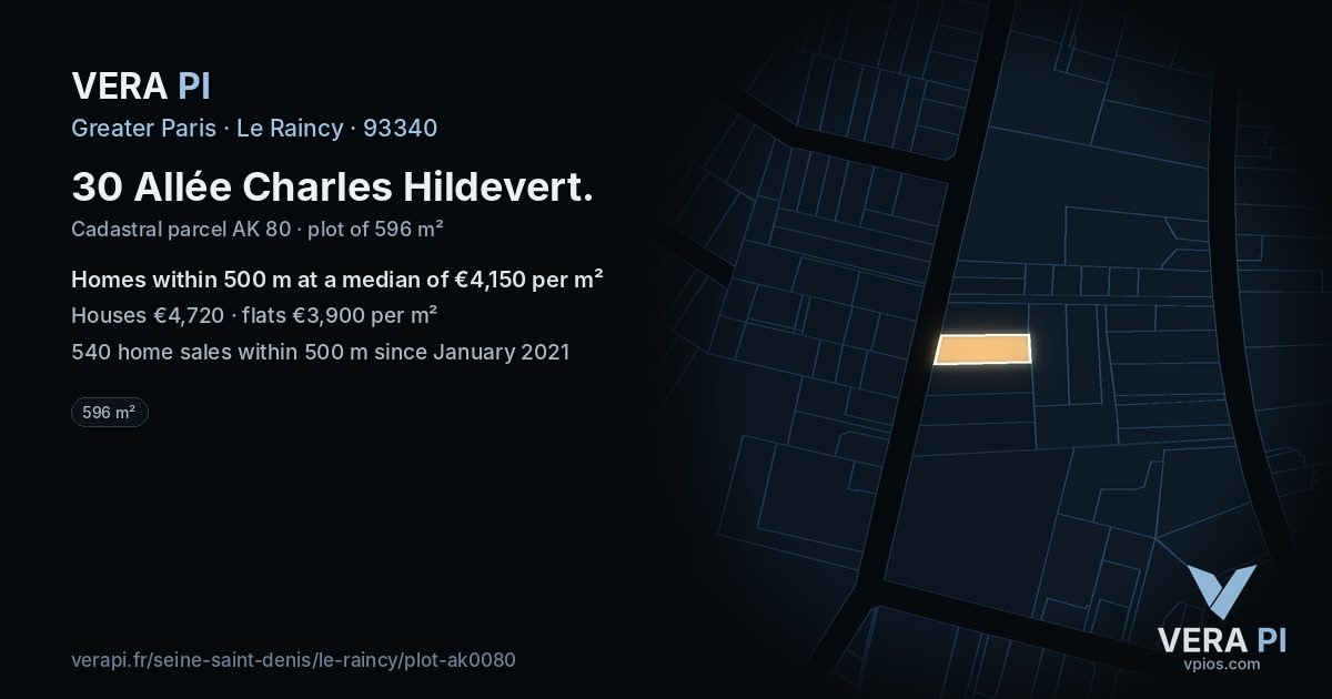 30 Allée Charles Hildevert, Le Raincy at night – the plot lit, the parcels around coloured by the prices near them