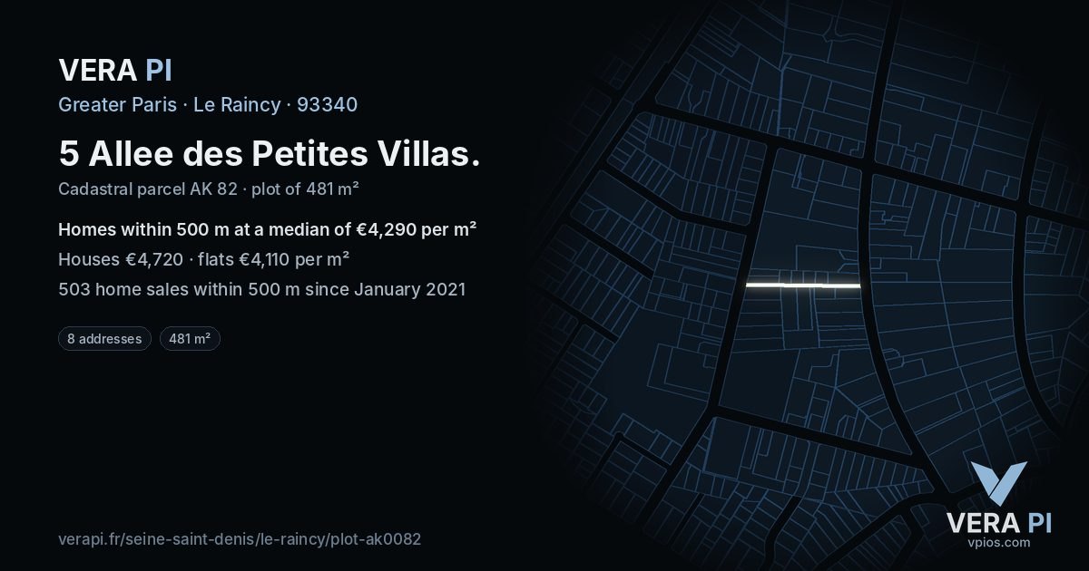 5 Allee des Petites Villas, Le Raincy at night – the plot lit, the parcels around coloured by the prices near them