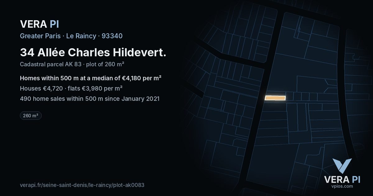 34 Allée Charles Hildevert, Le Raincy at night – the plot lit, the parcels around coloured by the prices near them
