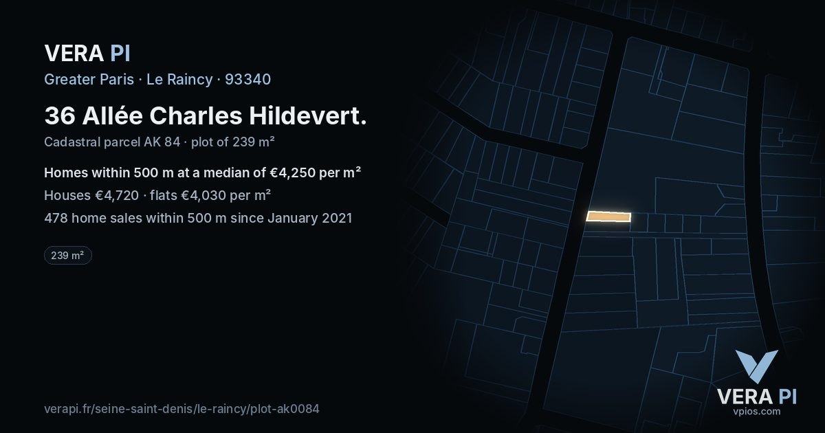 36 Allée Charles Hildevert, Le Raincy at night – the plot lit, the parcels around coloured by the prices near them