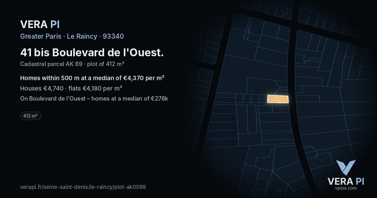 41 bis Boulevard de l'Ouest, Le Raincy at night – the plot lit, the parcels around coloured by the prices near them