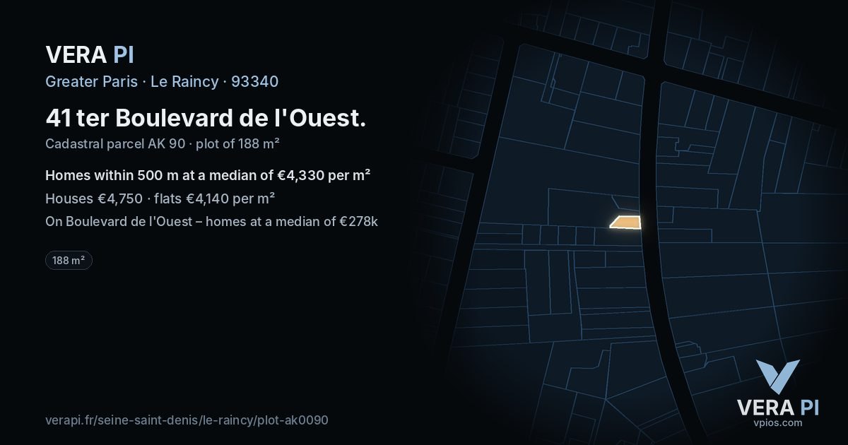 41 ter Boulevard de l'Ouest, Le Raincy at night – the plot lit, the parcels around coloured by the prices near them