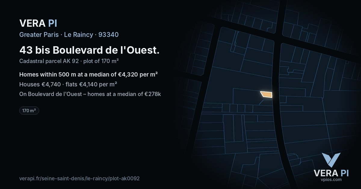 43 bis Boulevard de l'Ouest, Le Raincy at night – the plot lit, the parcels around coloured by the prices near them