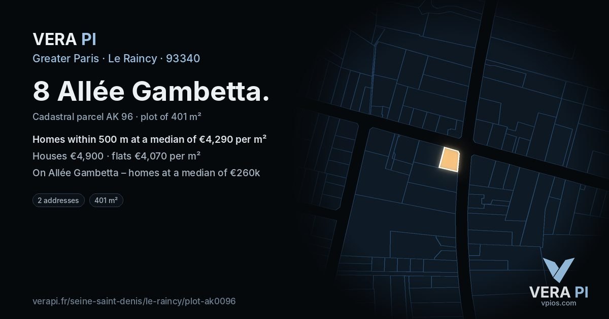 8 Allée Gambetta, Le Raincy at night – the plot lit, the parcels around coloured by the prices near them