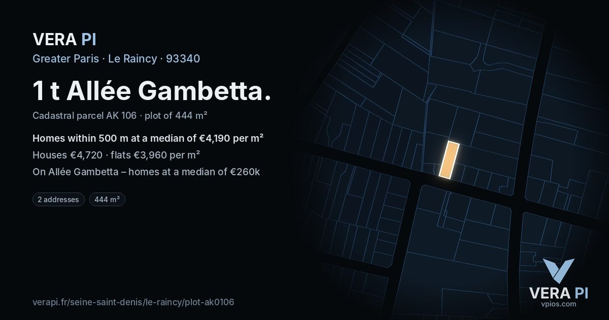 1 t Allée Gambetta, Le Raincy at night – the plot lit, the parcels around coloured by the prices near them