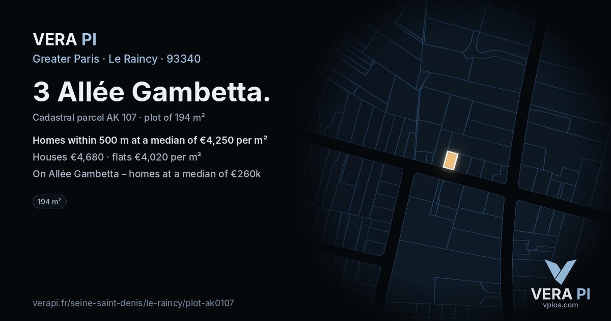 3 Allée Gambetta, Le Raincy at night – the plot lit, the parcels around coloured by the prices near them