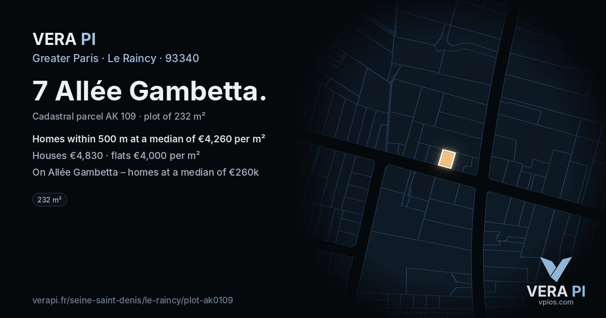 7 Allée Gambetta, Le Raincy at night – the plot lit, the parcels around coloured by the prices near them