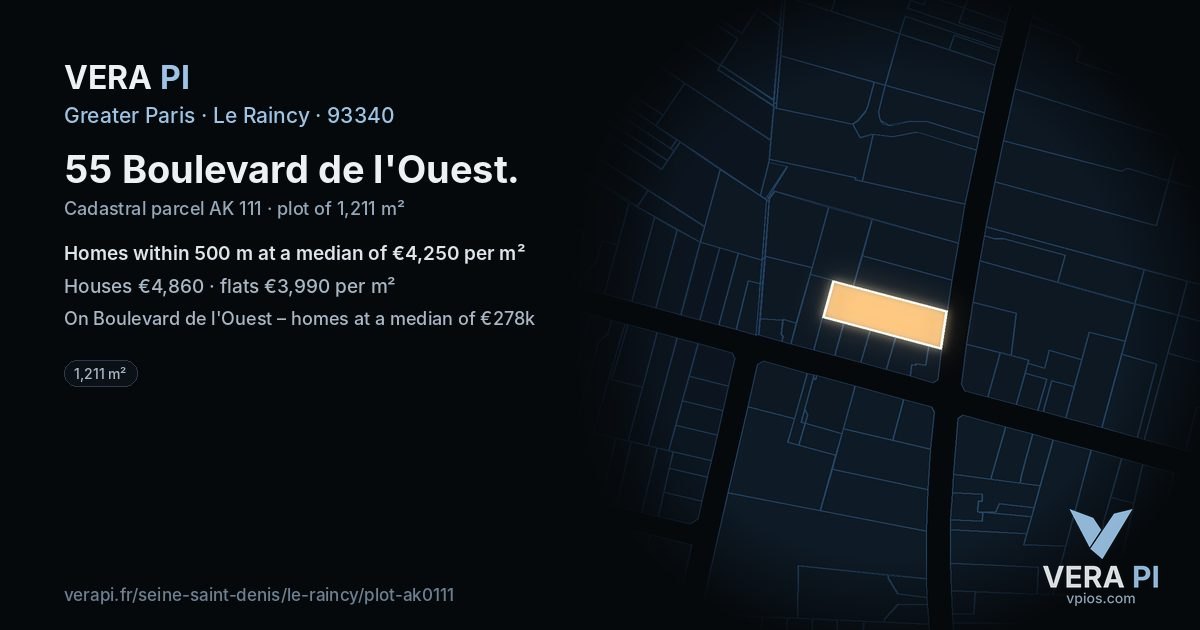 55 Boulevard de l'Ouest, Le Raincy at night – the plot lit, the parcels around coloured by the prices near them
