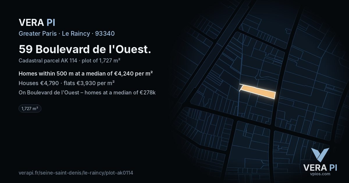 59 Boulevard de l'Ouest, Le Raincy at night – the plot lit, the parcels around coloured by the prices near them