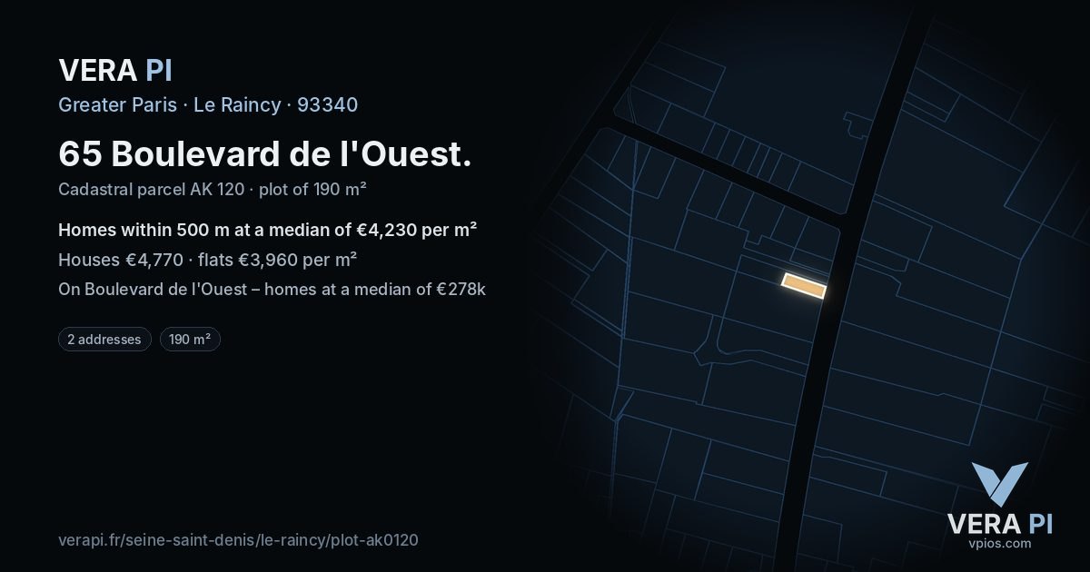 65 Boulevard de l'Ouest, Le Raincy at night – the plot lit, the parcels around coloured by the prices near them