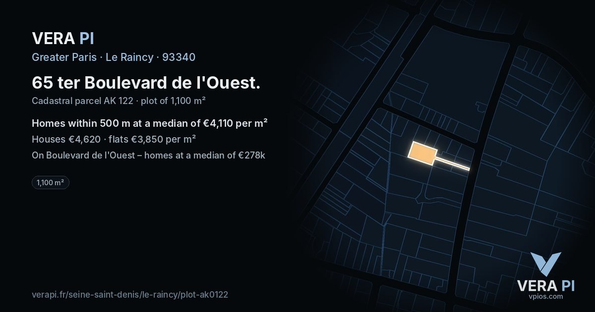 65 ter Boulevard de l'Ouest, Le Raincy at night – the plot lit, the parcels around coloured by the prices near them