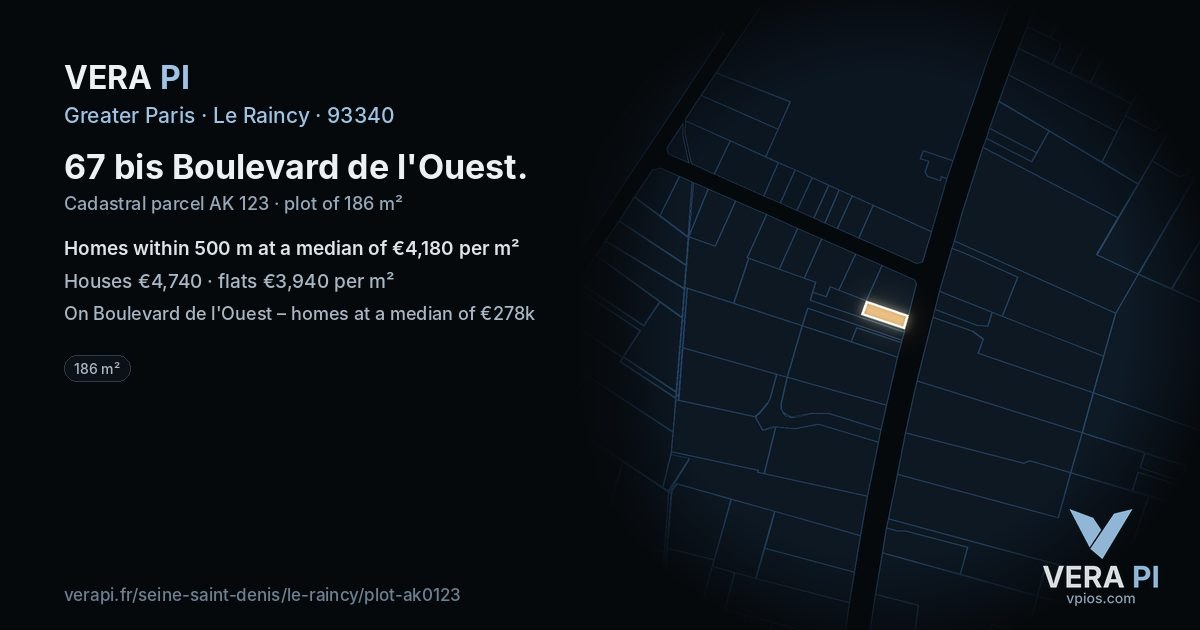 67 bis Boulevard de l'Ouest, Le Raincy at night – the plot lit, the parcels around coloured by the prices near them