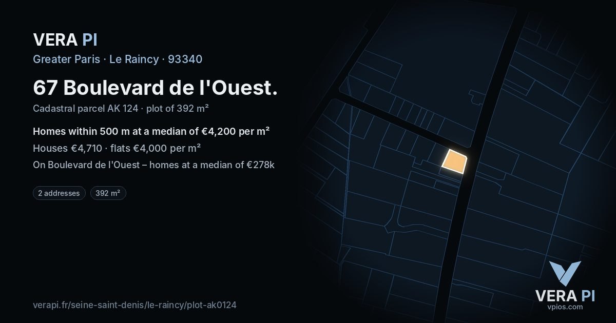 67 Boulevard de l'Ouest, Le Raincy at night – the plot lit, the parcels around coloured by the prices near them