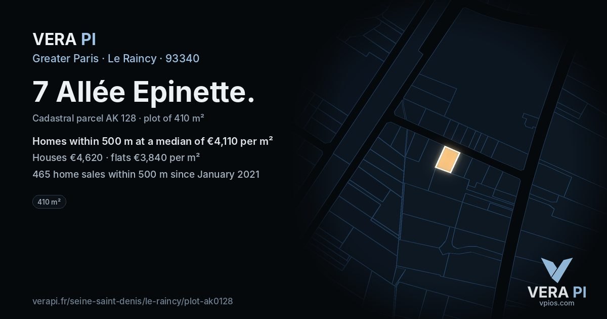 7 Allée Epinette, Le Raincy at night – the plot lit, the parcels around coloured by the prices near them