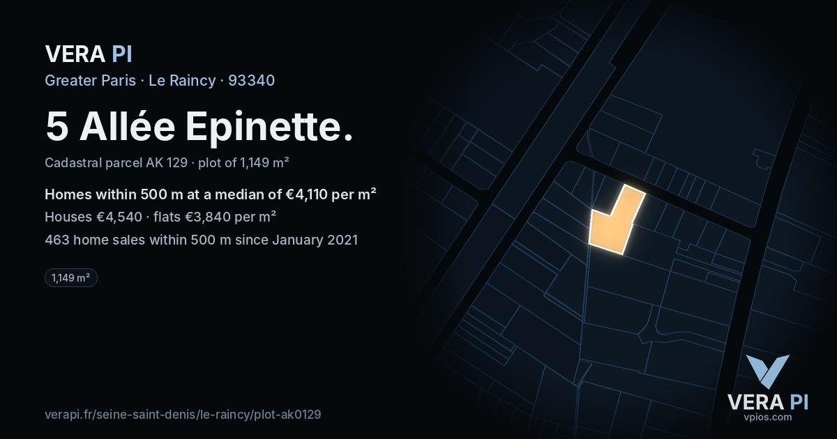 5 Allée Epinette, Le Raincy at night – the plot lit, the parcels around coloured by the prices near them