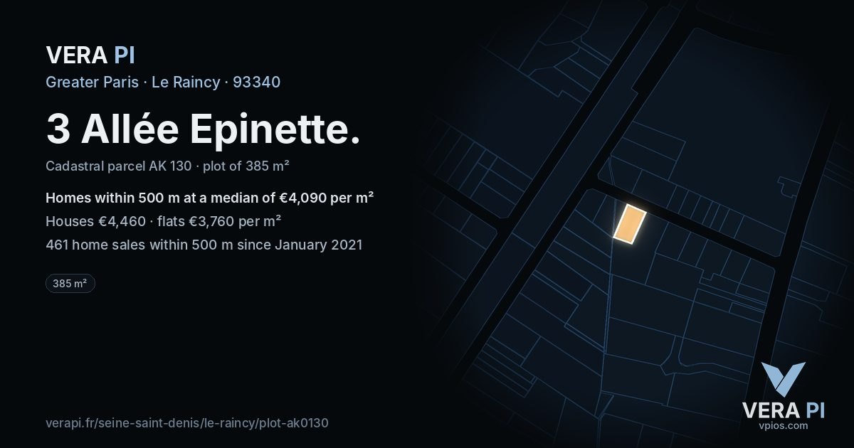 3 Allée Epinette, Le Raincy at night – the plot lit, the parcels around coloured by the prices near them