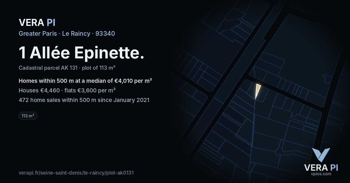 1 Allée Epinette, Le Raincy at night – the plot lit, the parcels around coloured by the prices near them