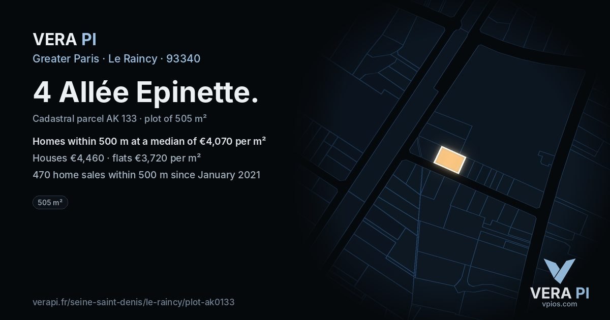 4 Allée Epinette, Le Raincy at night – the plot lit, the parcels around coloured by the prices near them