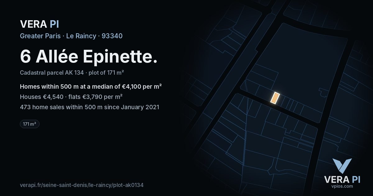 6 Allée Epinette, Le Raincy at night – the plot lit, the parcels around coloured by the prices near them
