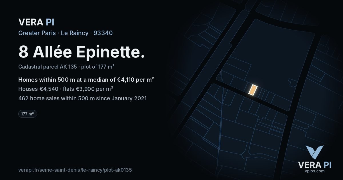 8 Allée Epinette, Le Raincy at night – the plot lit, the parcels around coloured by the prices near them