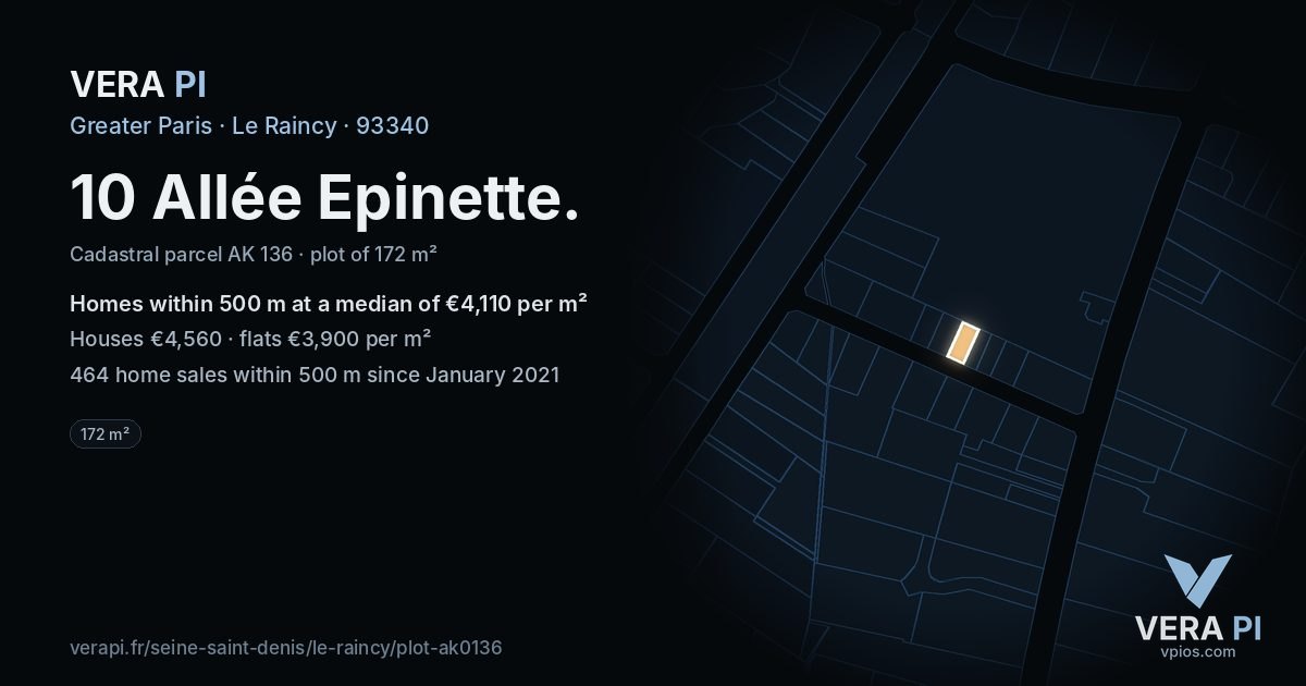 10 Allée Epinette, Le Raincy at night – the plot lit, the parcels around coloured by the prices near them