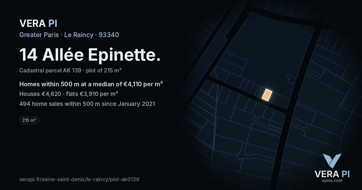 14 Allée Epinette, Le Raincy at night – the plot lit, the parcels around coloured by the prices near them
