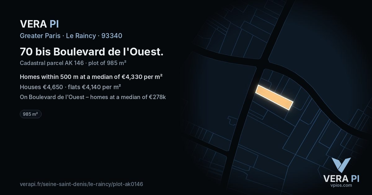 70 bis Boulevard de l'Ouest, Le Raincy at night – the plot lit, the parcels around coloured by the prices near them