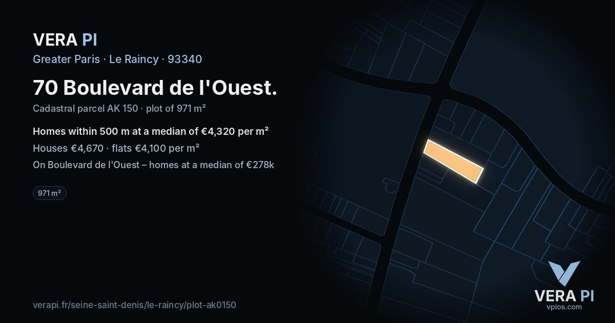 70 Boulevard de l'Ouest, Le Raincy at night – the plot lit, the parcels around coloured by the prices near them