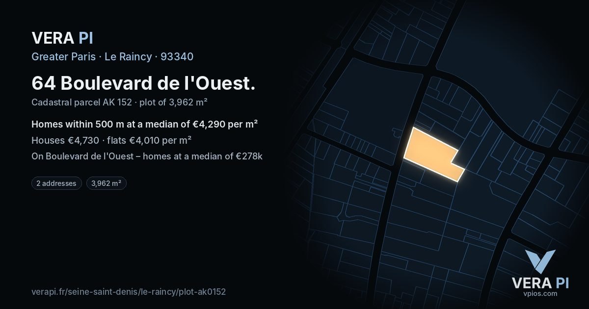 64 Boulevard de l'Ouest, Le Raincy at night – the plot lit, the parcels around coloured by the prices near them