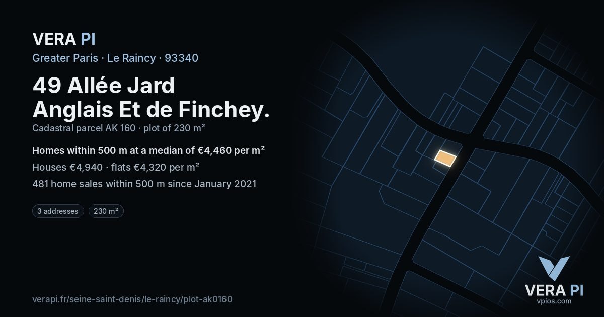 49 Allée Jard Anglais Et de Finchey, Le Raincy at night – the plot lit, the parcels around coloured by the prices near them