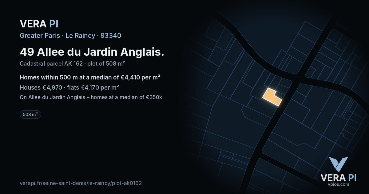 49 Allee du Jardin Anglais, Le Raincy at night – the plot lit, the parcels around coloured by the prices near them