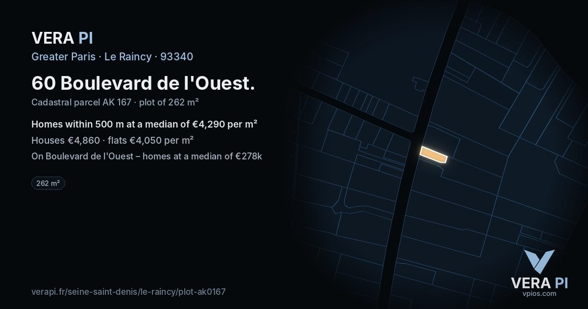 60 Boulevard de l'Ouest, Le Raincy at night – the plot lit, the parcels around coloured by the prices near them