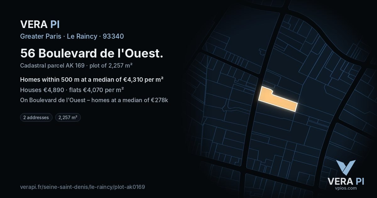 56 Boulevard de l'Ouest, Le Raincy at night – the plot lit, the parcels around coloured by the prices near them