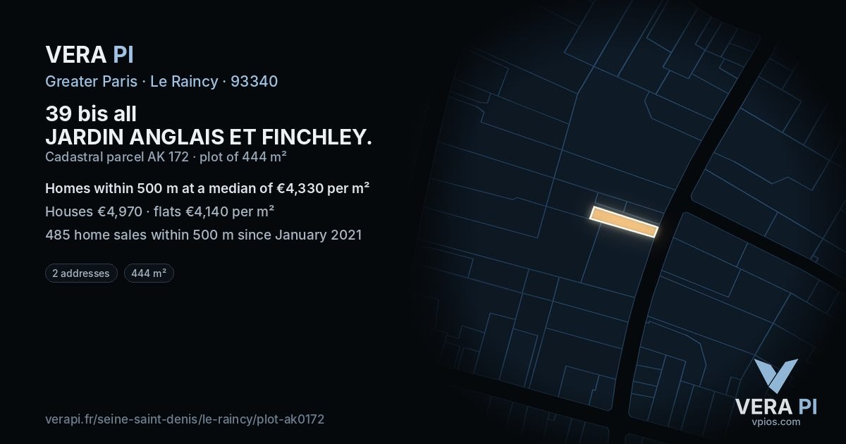 39 bis all JARDIN ANGLAIS ET FINCHLEY, Le Raincy at night – the plot lit, the parcels around coloured by the prices near them