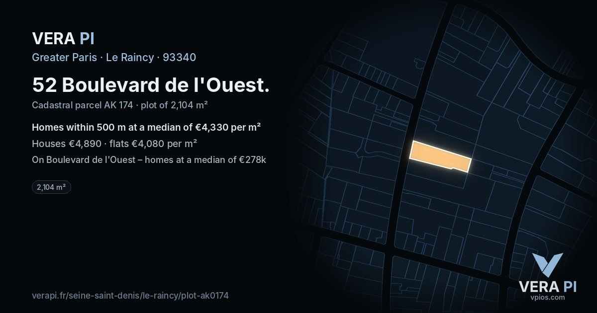 52 Boulevard de l'Ouest, Le Raincy at night – the plot lit, the parcels around coloured by the prices near them