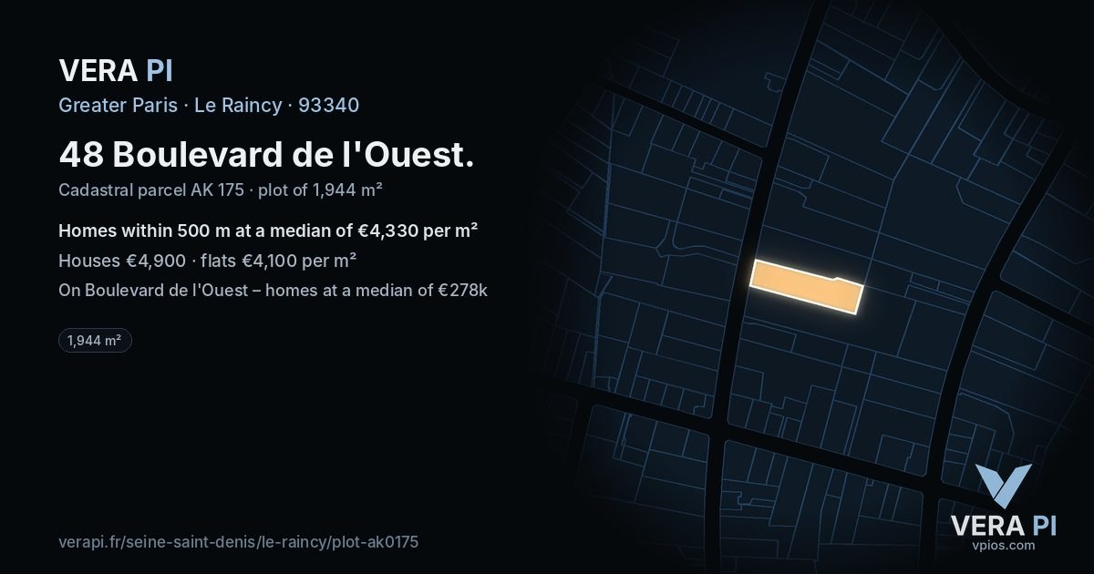 48 Boulevard de l'Ouest, Le Raincy at night – the plot lit, the parcels around coloured by the prices near them