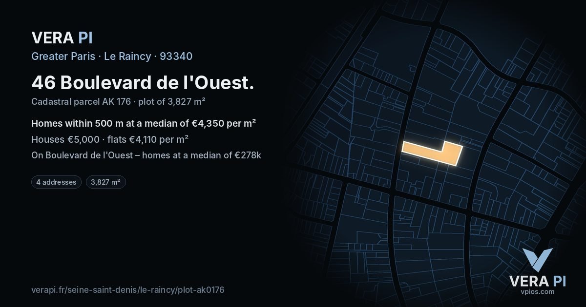 46 Boulevard de l'Ouest, Le Raincy at night – the plot lit, the parcels around coloured by the prices near them