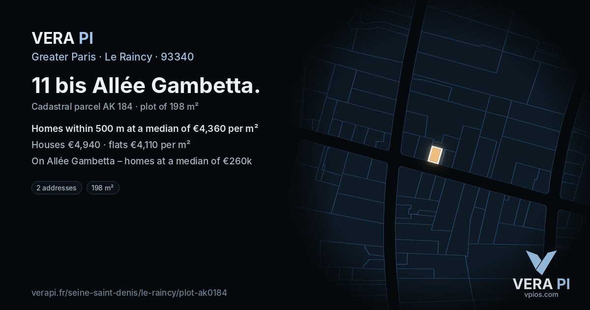 11 bis Allée Gambetta, Le Raincy at night – the plot lit, the parcels around coloured by the prices near them