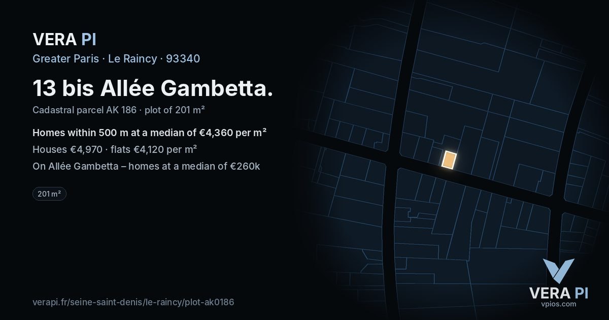 13 bis Allée Gambetta, Le Raincy at night – the plot lit, the parcels around coloured by the prices near them