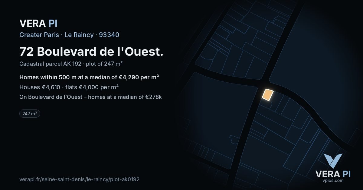 72 Boulevard de l'Ouest, Le Raincy at night – the plot lit, the parcels around coloured by the prices near them