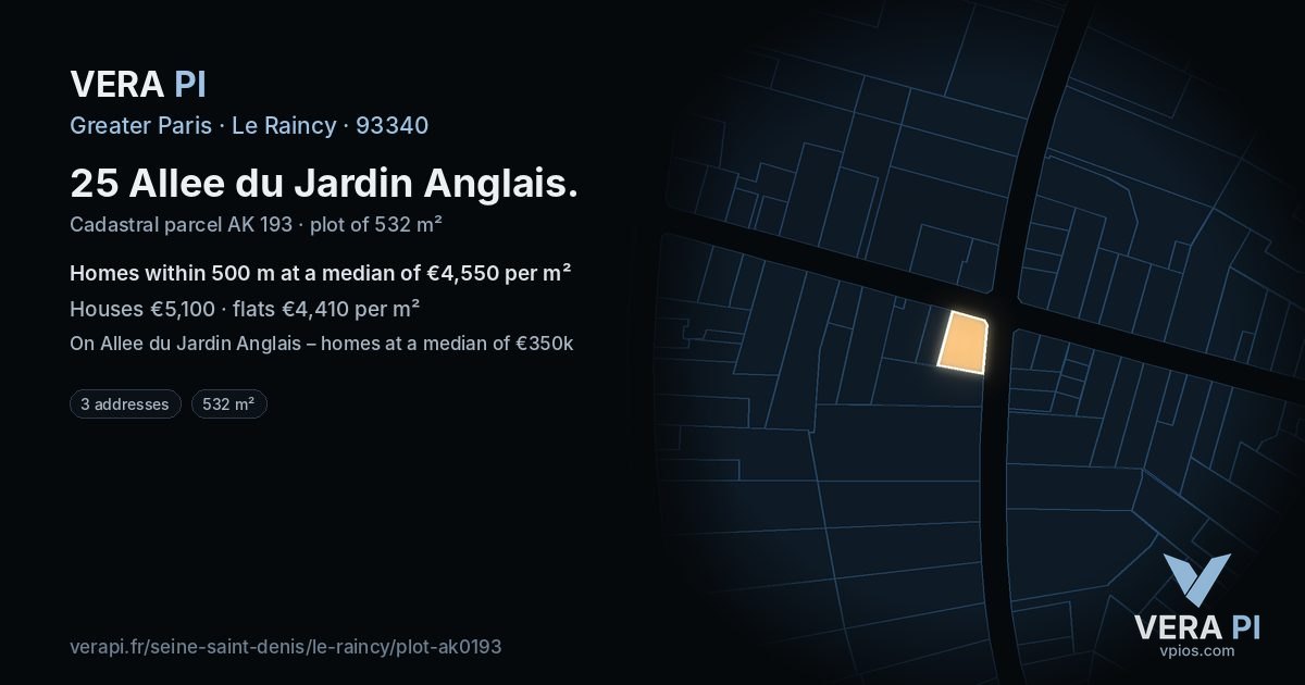 25 Allee du Jardin Anglais, Le Raincy at night – the plot lit, the parcels around coloured by the prices near them