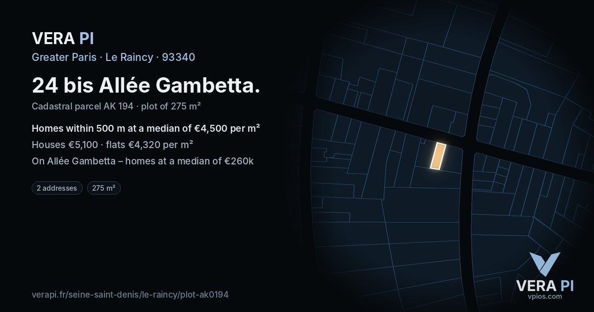 24 bis Allée Gambetta, Le Raincy at night – the plot lit, the parcels around coloured by the prices near them