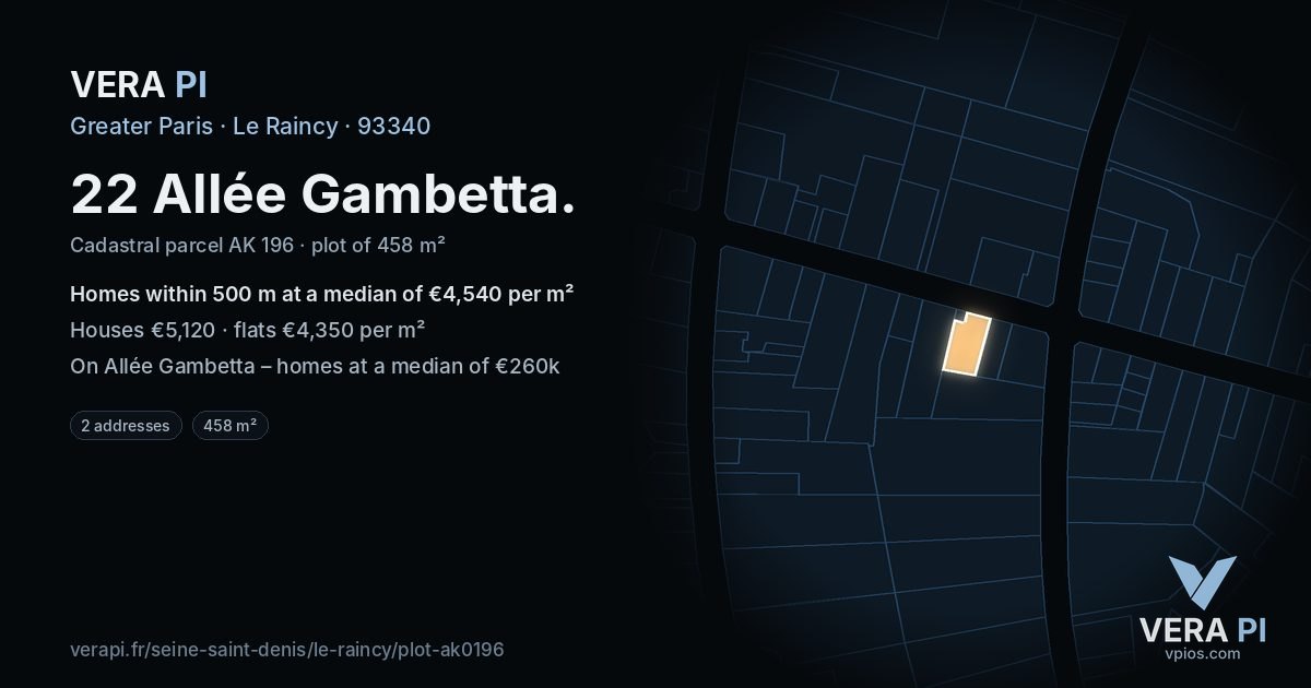 22 Allée Gambetta, Le Raincy at night – the plot lit, the parcels around coloured by the prices near them